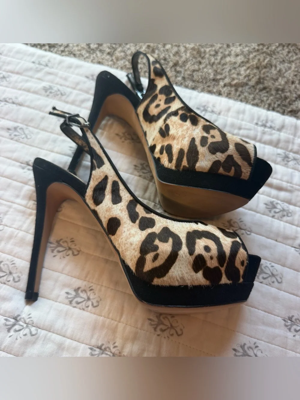 Sam Edelman Leopard Calf Hair Platform Slingback Heels Size 7 Peep Toe